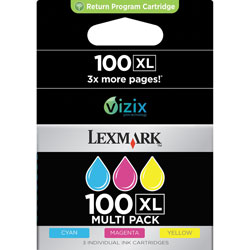 ..OEM Lexmark 14N0684 (#100XL) MultiPak, C/M/Y, Hi-Yield, Return Program, Ink Cartridges (600 page yield each)